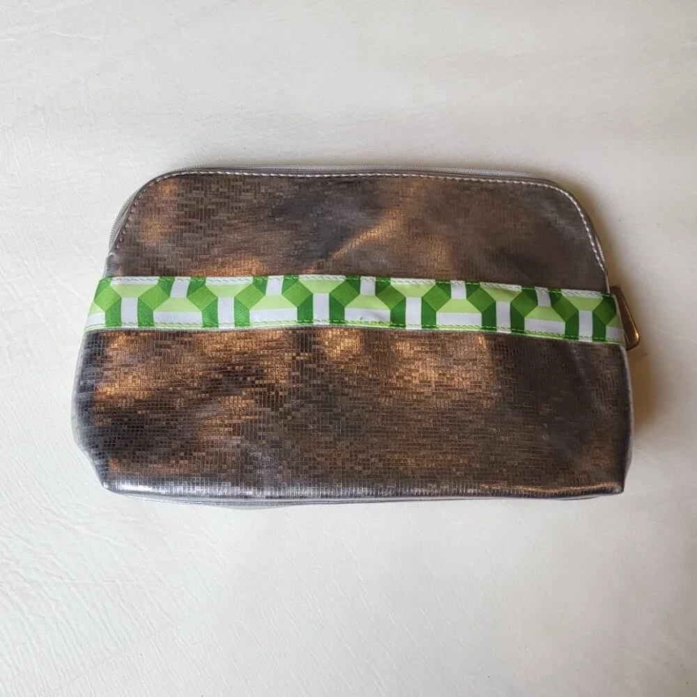Clinique Makeup Cosmetic Bag Logo Zip Case Travel Pouch Silver Green